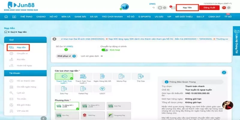 Nạp Tiền Jun88 Vào Tài Khoản Cực Đơn Giản Và Nhanh Chóng 2 Cần truy cập website chính thức của Jun88 khi gửi tiền